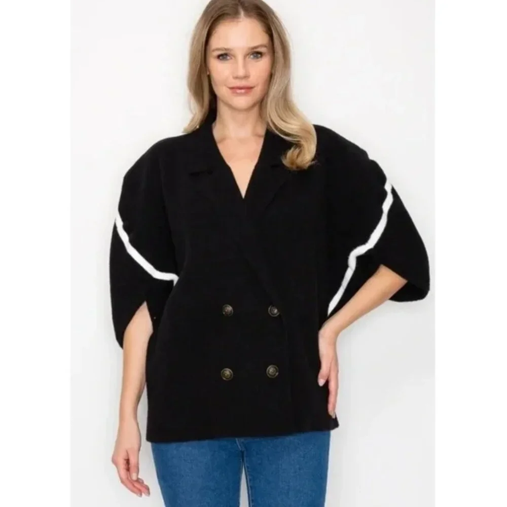New Joh Jinny Black Knitted Double Breasted Sweater Jacket Dolman Sleeve Soft M - Picture 1 of 10